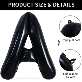 TONIFUL 40 Inch Large Black A Letter Balloon - Jumbo Helium Foil Mylar Big Alphabet for 2026 New Year Eve Graduation Wedding Baby Shower Birthday Party Anniversary Supplies Decorations