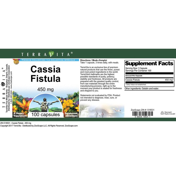 TerraVita Cassia Fistula - 450 mg (100 Capsules, ZIN: 519531)