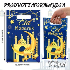 Whaline 50Pcs Eid Mubarak Party Favor Bags Ramadan Treat Bags with Handles Blue Gold Plastic Candy Goodie Bags for Islamic Muslim Party Favors Supplies