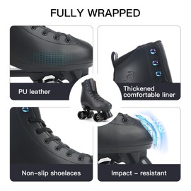 Besketo Roller Skates for Women & Men, Classic PU Leather High-top Roller Skates Shoes, Double-Row Roller Skates for Unisex, Four-Wheel Roller Skates Indoor Outdoor for Beginner - 7 US Black