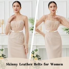 Buywis Women Skinny Belts Thin PU Leather Waist Belt with Gold Buckle for Dresses Leaf 100cm White Fit Waist 24"-37"