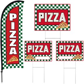 4 Sets Pizza Sign Sets 1 Pack Pizza Feather Flag Banner 3 Pack Double Sided Directional Arrows with Metal Stakes for Yard Outside, Business Advertising, Directional Signage (Red)