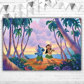 Cartoon Lilo Theme Backdrops 5x3 Summer Hawaii Seaside Lilo Happy Birthday Backdrop for Party Vinyl Baby Shower Background Lilo for Party