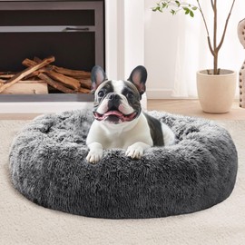 JOLLYVOGUE Dog Bed Cat Bed, Anti-Anxiety Small Dog Bed, Calming Donut Dog Bed for Puppy, Cozy Cat Bed, Fluffy Dog Beds for Small Dogs, Washable Round Puppy Bed for Indoor Pets, 20"/Smoke Black