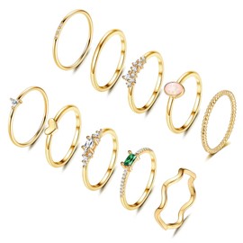 Kakonia 14K Gold Plated Stacking Rings for Women Simple Dainty Gold Stackable Knuckle Thumb Rings Heart CZ Opal Rings Plain Band Size 5-11
