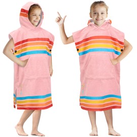 SUN CUBE Kids Changing Robe Surf Poncho, Kids Beach Towels, Hooded Towel for Teens Bath Pool, Microfiber Quick Dry Wearable Towel Poncho with Hood, Swim Towel for Girls 8-12 Years, Sunset Pink