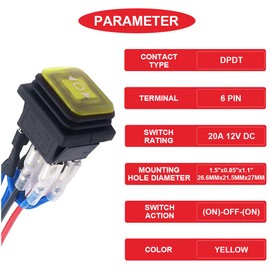 MKBKLLJY 4Pcs Momentary Polarity Reverse Switch Waterproof Control Rocker Toggle Switch DC 12V 20A Yellow LED Light Illuminated 6Pin 3Position (ON)-Off-(ON) with Jumper Terminal Wires for Car Boat