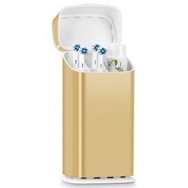 Toothbrush Holders with Cover - Electric Toothbrush Length Less Than 9 inches, 5 Slots Tooth Brush Holder for Bathroom, Detachable Toothpaste Holder Bathroom Organizers with Drainage, Gold