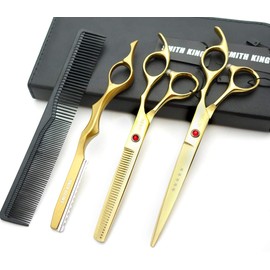 7.0 inch hair scissors set Hair cutting scissors & thinning scissors with razor combs in 1 set (Gold)
