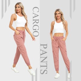 MISS MOLY Women's Cargo Pants Lightweight Hiking Quick Dry Joggers Casual Outdoor Elastic Waist Button Pockets Pink XL