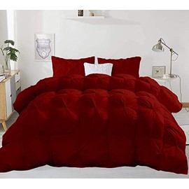 MOONLIGHT BEDDING All-Season 600 GSM 3 Pieces Quilted Pinch Pleated Fluffy Comforter Set (Comforter + 2 Pillow Cases) 800 Series 100% Cotton Duvet Insert (Twin/Twin XL, Burgundy)