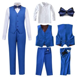 SaiLiiny Trajes de 4 piezas para niños, ajuste delgado, conjuntos de chaleco, negro y azul, ropa formal para niño, Azul Rey 1, 6