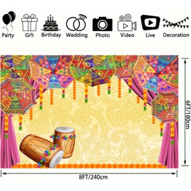 8x6FT Indian Pooja Traditional Wedding Backdrop Orange Flower Marigold Hindu Traditional Festival Background Curtain Umbrella Bridal Shower Party Ceremony Photo Studio Props