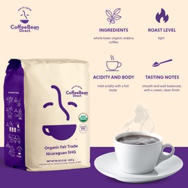 Coffee Bean Direct Organic Fair Trade Nicaraguan SHG, Whole Bean Coffee, Light Roast, 5 Pound Bag (Pack of 1)