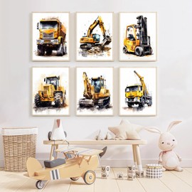 6Pcs Construction Truck Wall Art Watercolor Car Canvas Pictures Prints Stylish Toddler Boy Room Wall Decor Pictures for Baby Kids Playroom Teen-boy Room Nurseries Decoration Unframed