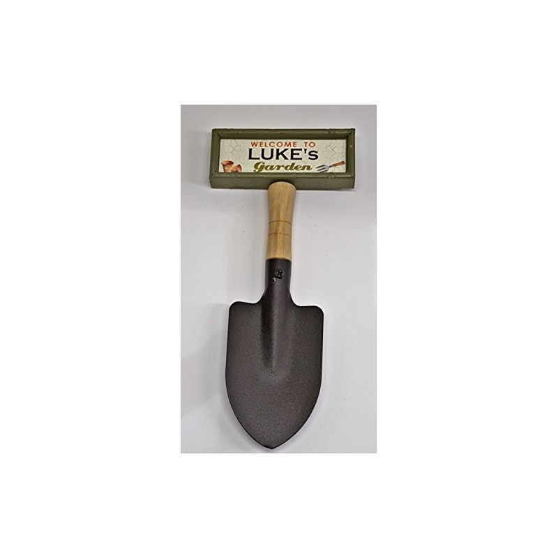 "Welcome to Luke's garden" hanging shovel sign