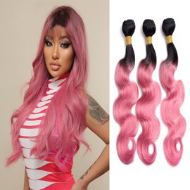 1B/Pink Body Wave Bundles Human Hair Pink Body Wave Bundles Two Tone Black Roots to Pink Bundles Double Weft Brazilian Hair Wet and Wavy Bundles Silky Soft for Black Women 16 18 20 inch