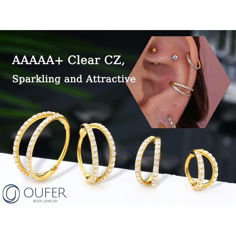 OUFER ボディピアス チタン ノーズピアス リング フープ ダブルライン クリア CZ パヴェ