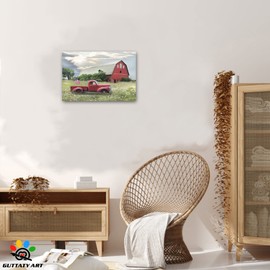 Farmhouse Old Truck Canvas Wall Art, Red Barn Pictures Wall Art, Country Antique Pickup Truck Canvas Prints, Red Truck With USA Flag Art Prints for Automobile Collector or Man Cave Decor 12x18 Inches