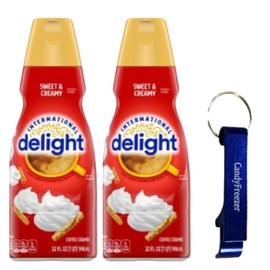 International-Delight Liquid Coffee Creamer.- Two (2) 32 fl oz Bottles of Creamy Smooth Delightful Coffee Creamer and Candy Freezer Bottle Opener Keychain (Sweet & Creamy) - Keychain