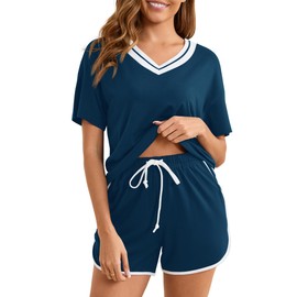 Becotal Women's Short Cotton Pyjama Set Summer Shorty Sleepwear V-Neck Top and Shorts S-XXL Blue M