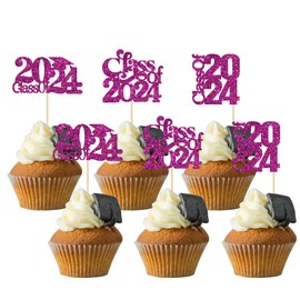 Paquete de 30 adornos de graduación 2024 para magdalenas de graduación 2024 con purpurina, para decoración de pasteles de graduación 2024, color morado