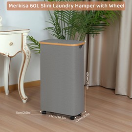 Merkisa Slim Laundry Basket with Wheels,Narrow Hampers for Laundry, Laundry Hamper with Lid&Bamboo Handles,Collapsible Waterproof Tall Cloth Hamper for Dorm Family(60L Grey)