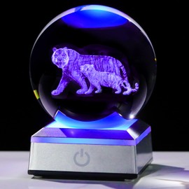 3D Tiger Figurine Crystal Ball with Colorful Light Base, Tiger Gifts for Women Men on Mothers Fathers Day Christmas Birthday Laser Engraved Tiger Glass Decorative Ball for Home Office Lamp (80mm)