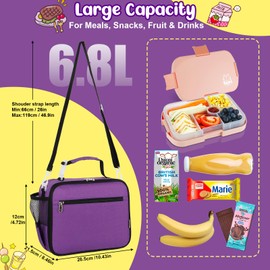 Homtibrm Insulated Lunch Bag, Kids Thermal Cool Bag with Adjustable Strap, Waterproof Lunch Box Bag for Adults Kids Boys Girls Work School Picnic for Kids Over 3 Years Old, Purple