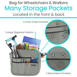Vive Wheelchair Bag - Machine Washable, Double-Stitched, Water-Resistant Accessory Backpack for Rollators, Wheel Chairs, Walkers - Pouch with XL Pockets & Straps for Quick Installation