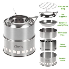 Ohuhu Rocket Stainless Steel Lightweight Camping Stove - Wood Alcohol Portable Outdoor Cooking Picnic BBQ Hiking with Mesh Bag