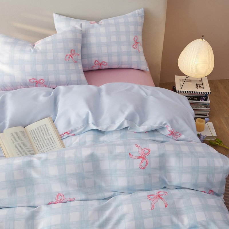 Bildenly Blue Plaid Twin Comforter Set - Pink Bow Quilt