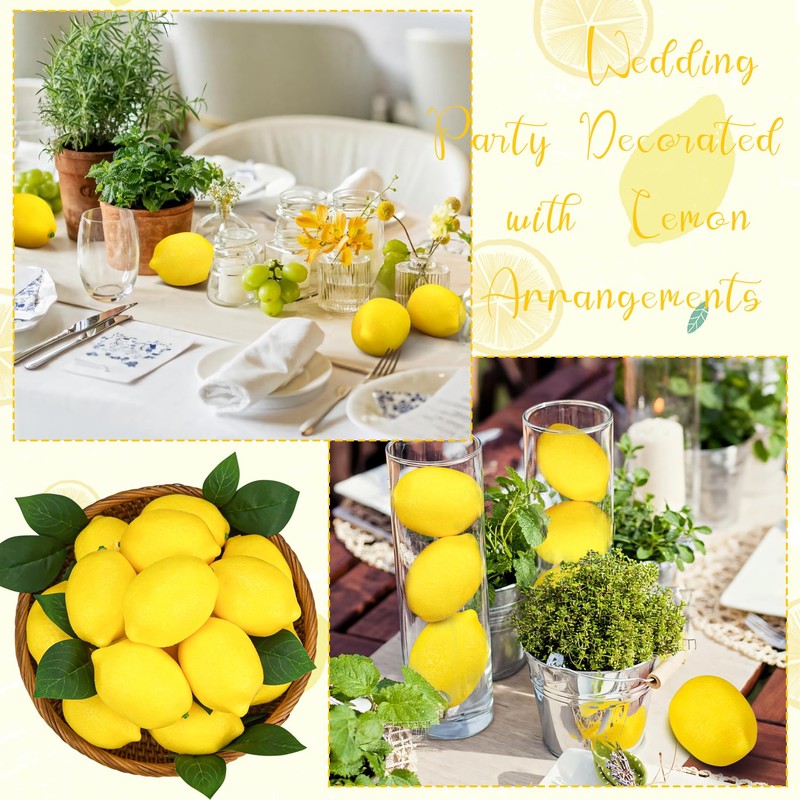 Lorigun 48 Pcs Fake Yellow Lemons with Leaves, Artificial Yellow