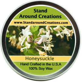 Premium 100% Soy Candle - 6 oz Tin - Honeysuckle : A strong floral bouquet, hints of pear w/a sweet cotton candy note.