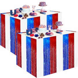 2 Pack 2.5ft x 9 ft Red White and Blue Metallic Foil Fringe Table Skirt, July 4th Patriotic Tinsel Table Skirts Cover for Rectangle and Round Tables, Labor Day, Veterans Day