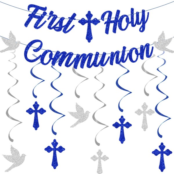 Elicola First Holy Communion Decorations for Boys Blue 8PCS Swirl
