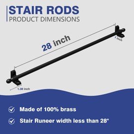 Solid Brass Stair Rods for Carpet Runners Set of 1, Black Stair Runner Rods for Fixed Stair Carpet, 28 inch Oval Finial Carpet Runner Rods