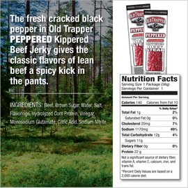 Old Trapper Kippered Steak, Peppered Flavor, Two-Ounce Individually Wrapped Packages, Spicy Meat Snack for Between Meal Bites, 22 Grams of Protein per Serving (Pack of 12)