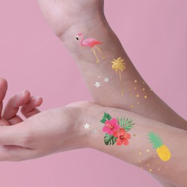 Juego de 25 tatuajes de flash temporales de verano, inspirados en la playa, impermeables, metálicos de primera calidad, tatuajes de aluminio, tatuaje tropical, suministros para fiestas, fiesta en la playa, luau, flamenco, piña