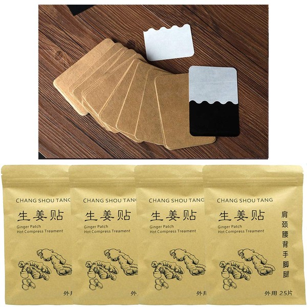 100pcs Ginger Patches Heating Foot Pad Hot Compress Paster Chinese Pure Nature Pain Relieve for Shoulder, Neck, Hand, Back, Feet, Knee, 12 * 8cm