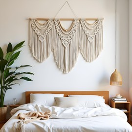 guzhiou large macrame wall hanging - Boho Tapestry Macrame Wall Decor Art- Chic Bohemian Handmade Woven Tapestry Home Decoration for Bedroom Living Room Apartment Wedding Party - 43"x32" (Wood bead)