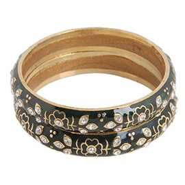 Pair of Indian Meenkari Enamled Black Kada Bangles with flower design an Stone Accents [sku100321]