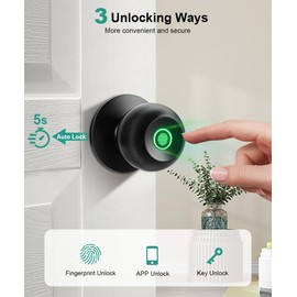 Fingerprint Door Lock, Smart Fingerprint Door Knob with Lock, Biometric Door knob with App Control & Key, Keyless Thumbprint Entry Door Lock for Bedroom, Front Door, Home, Apartment Office and Garages