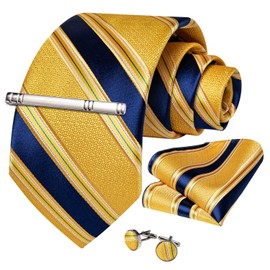 DiBanGu Mens Striped Tie Silk Woven Necktie and Pocket Square Cufflinks Tie Clip Set Wedding Business Formal Gift Tie for Men, Yellow and Blue