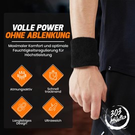 303 Athletics Power Sweatband - 6 Black Cotton Sweatbands for Wrists, Sweat Absorbing Fitness Sweatband for Boys and Girls for Any Sport: Football, Fitness, Basketball, Tennis