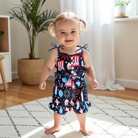 Toddler girl 4th of July Outfit Tie-up Spaghetti Straps Stars USA Romper 12M 18M 2T 3T 4T Girls 4th of July Outfits (Firework Blue, 18-24 Months)