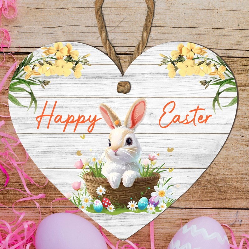 Handcrafted Easter Wooden Heart Plaque with 'Happy Easter' Quote -