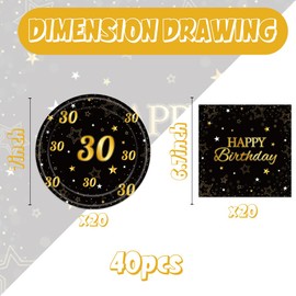 40Pcs 30th Birthday Decorations for Him Cheers to 30 Years Paper Plates and Napkins Party Supplies Black and Gold 30th Birthday Decorations