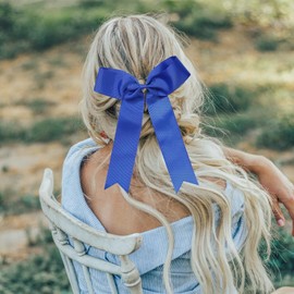 chiduerm 16Pcs Cheerleading Bows Long Tail Skinny Cheer Hair Bows Grosgrain Ribbon Elastic Bands Handmade Ponytail Holder for Cheerleading Girls School College Sports (Long Blue)