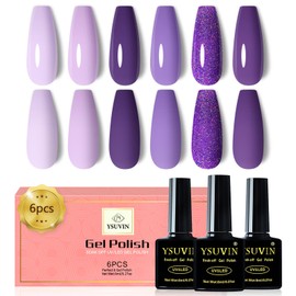 YSUVIN Semi-Permanent Nail Polish, 6 Colors Purple Series, Deep Purple Light Purple Glitter Purple Kit, Nail Polish Soak Off UV/LED Lamp DIY Manicure Nail Art Set, 8ml
